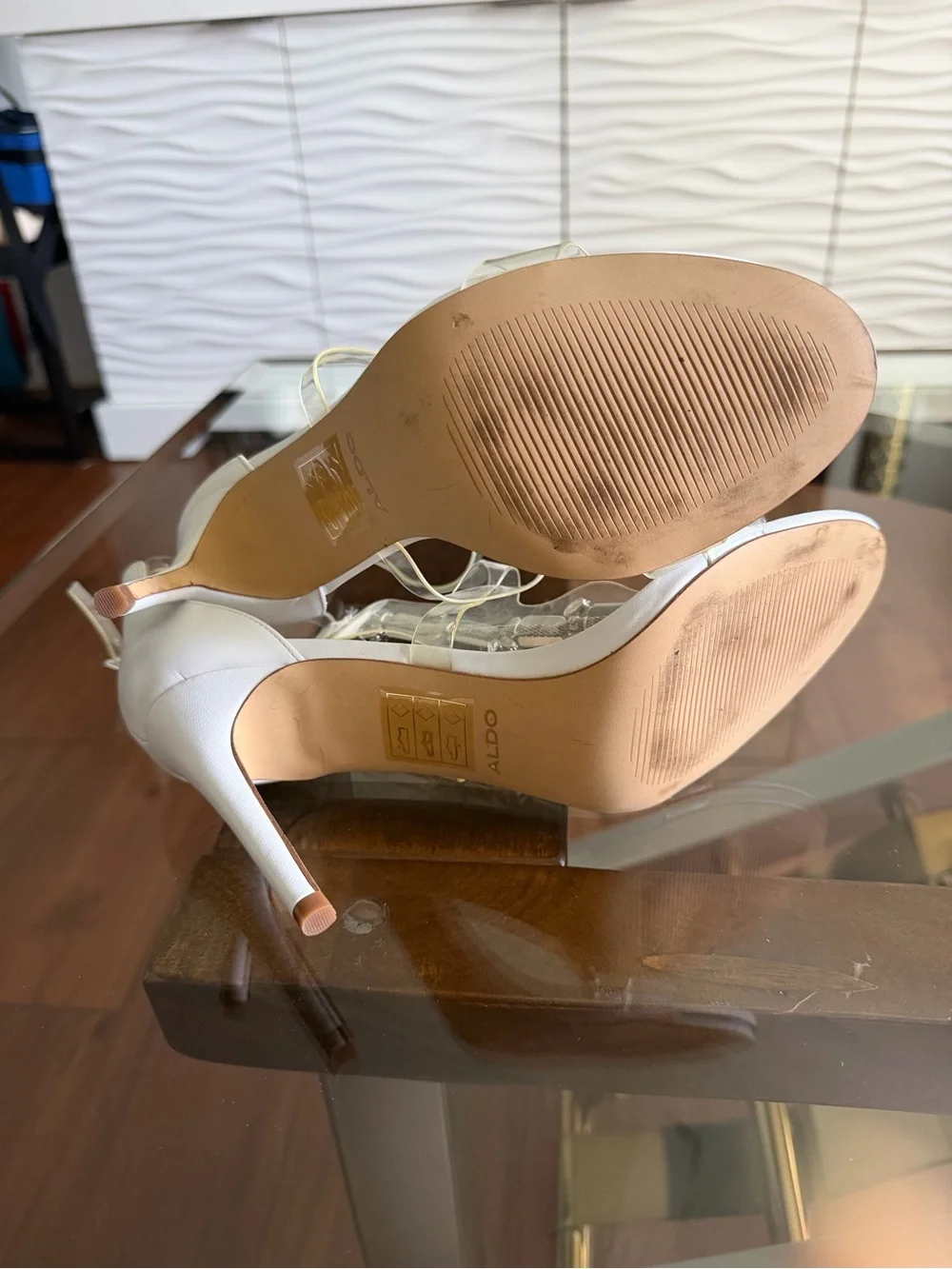 Aldo White Heeled Sandals with Clear T-Straps and Crystal Embellishments